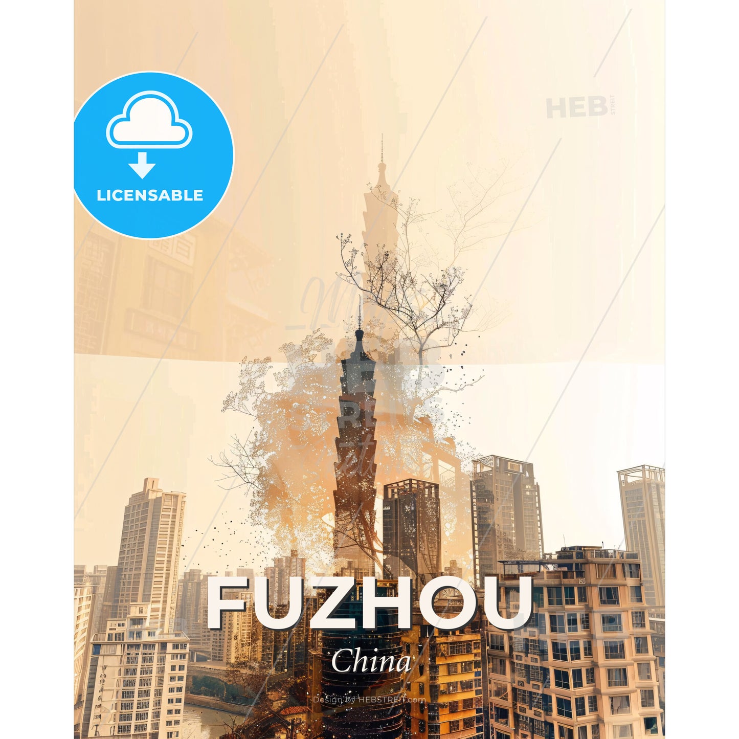 Fuzhou China Skyline Poster Bright Beige Paper - A city with a tall building - Square format print template