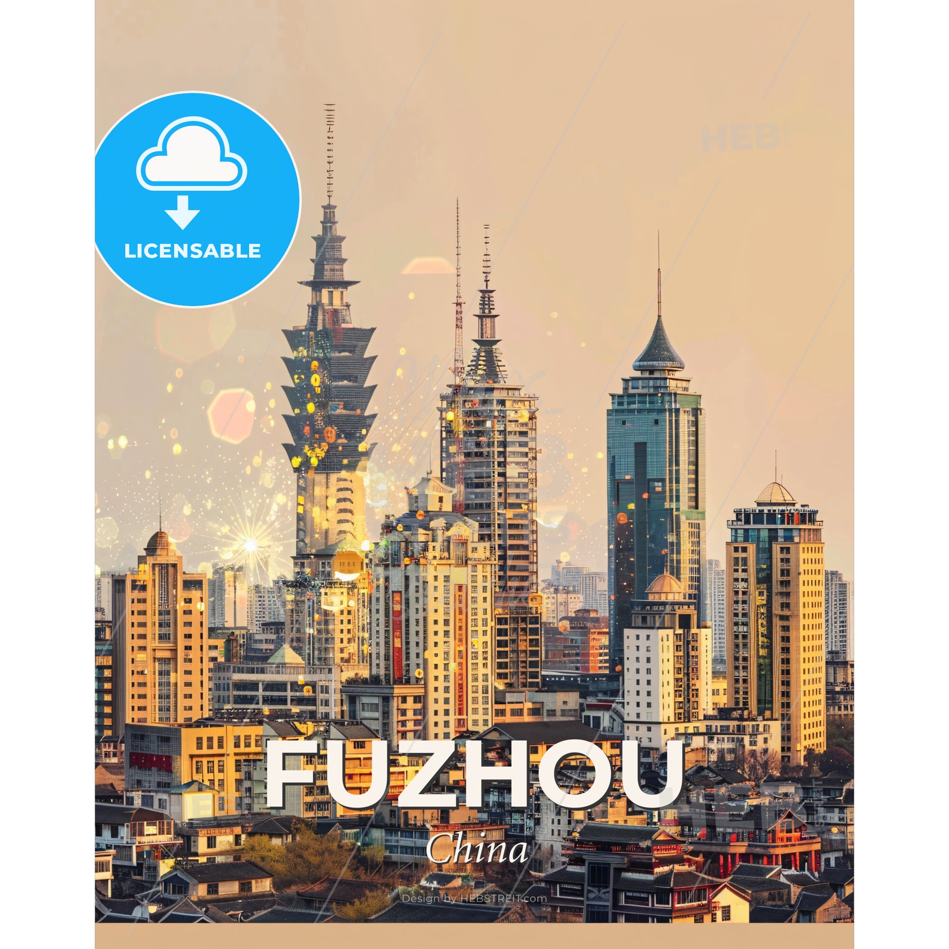 Fuzhou Skyline Composite Art Print - A city with many tall buildings - Square format print template