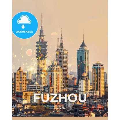 Fuzhou Skyline Composite Art Print - A city with many tall buildings - Square format print template
