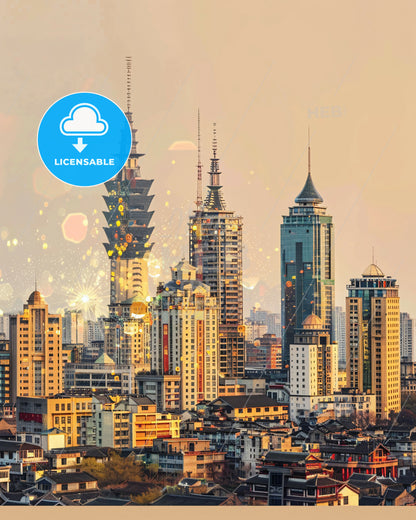 Fuzhou Skyline Composite Art Print - A city with many tall buildings