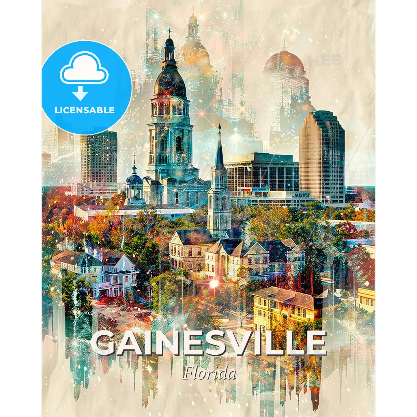 Gainesville Skyline Iconography Double Exposure Poster - A city with many buildings - Square format print template