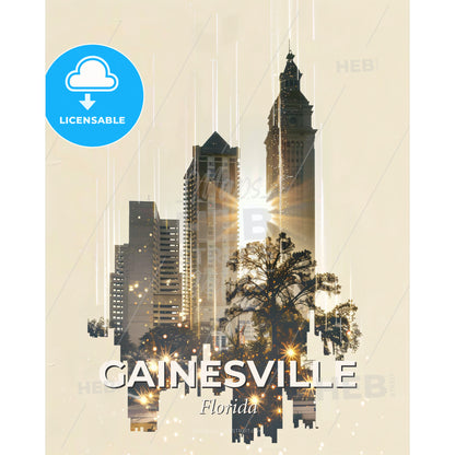 Gainesville Skyline: Local Icons in Beige - A city skyline with trees and a clock tower - Square format print template