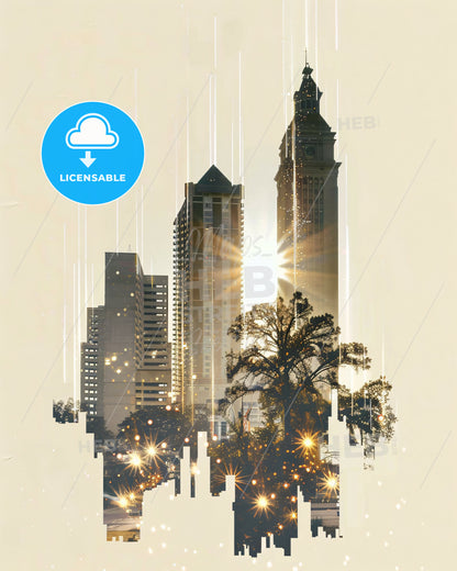 Gainesville Skyline: Local Icons in Beige - A city skyline with trees and a clock tower