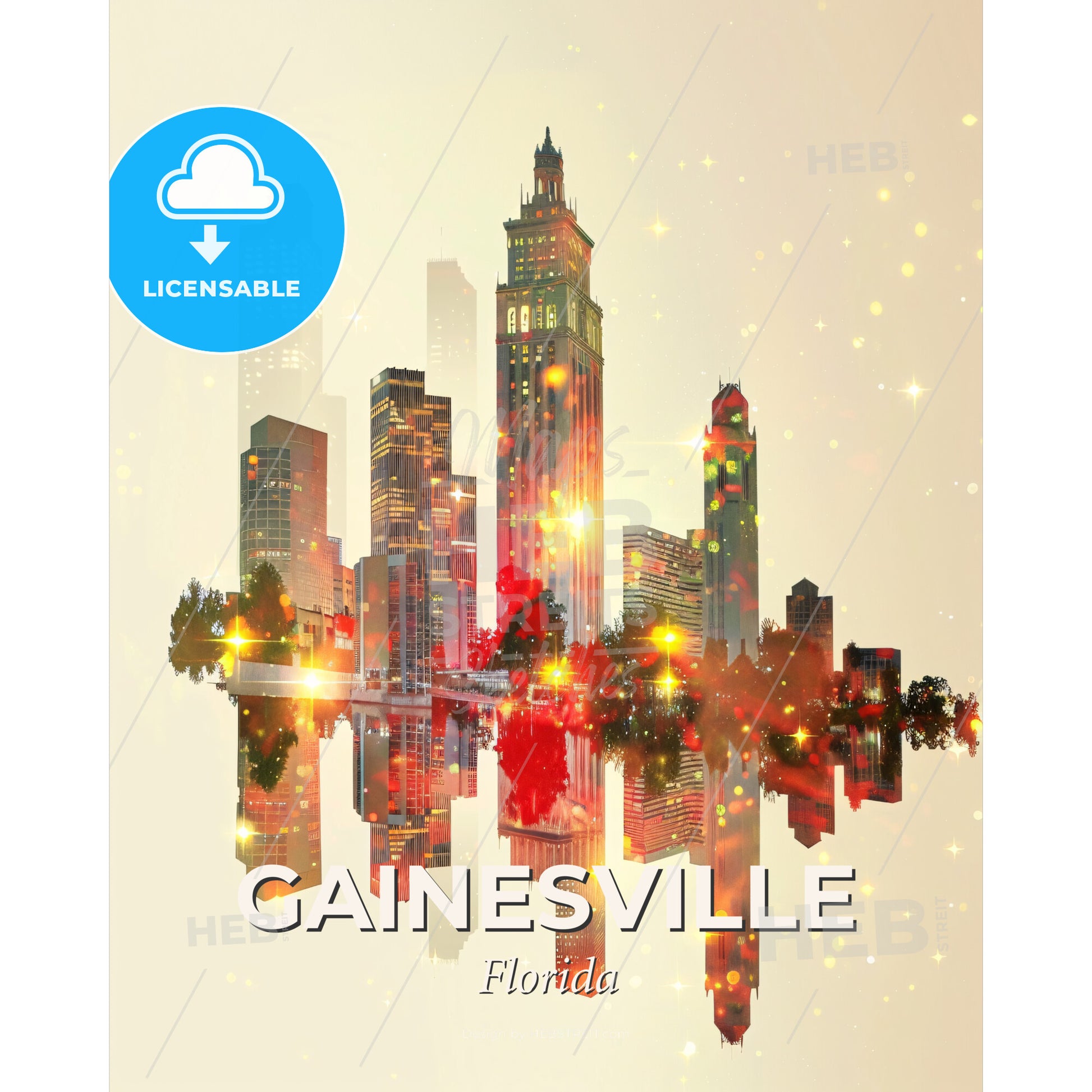 Gainesville: Skyline Composite Artwork, Vibrant Beige - A city skyline with lights reflecting on water - Square format print template