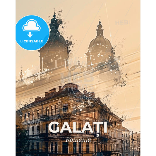 GalaÈ›i, Romania: City Skyline Double Exposure Art Poster - A building with a dome and a building with a dome - Square format print template