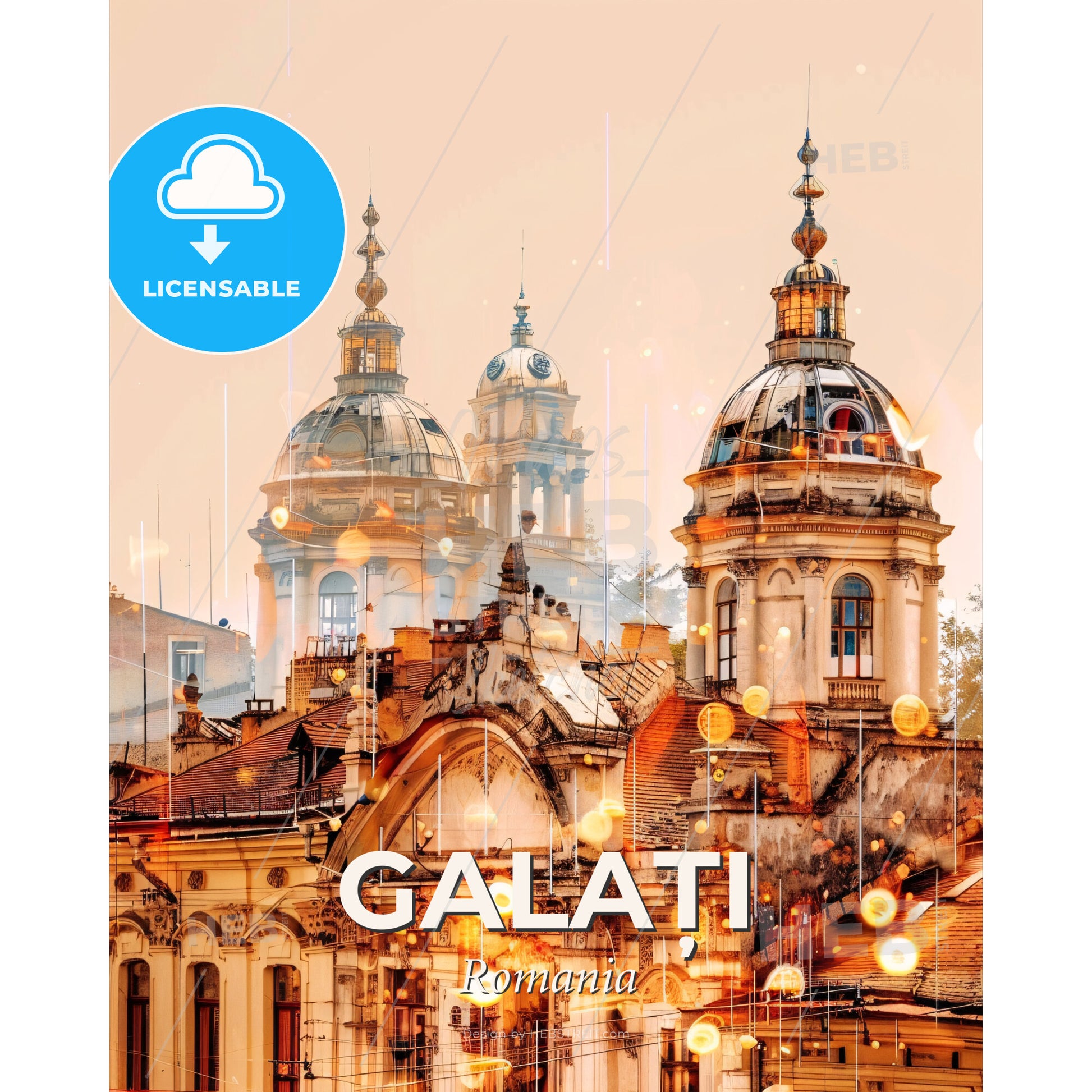 Galați Art Deco Cityscape Poster - A group of buildings with domes - Square format print template