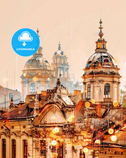 Galați Art Deco Cityscape Poster - A group of buildings with domes