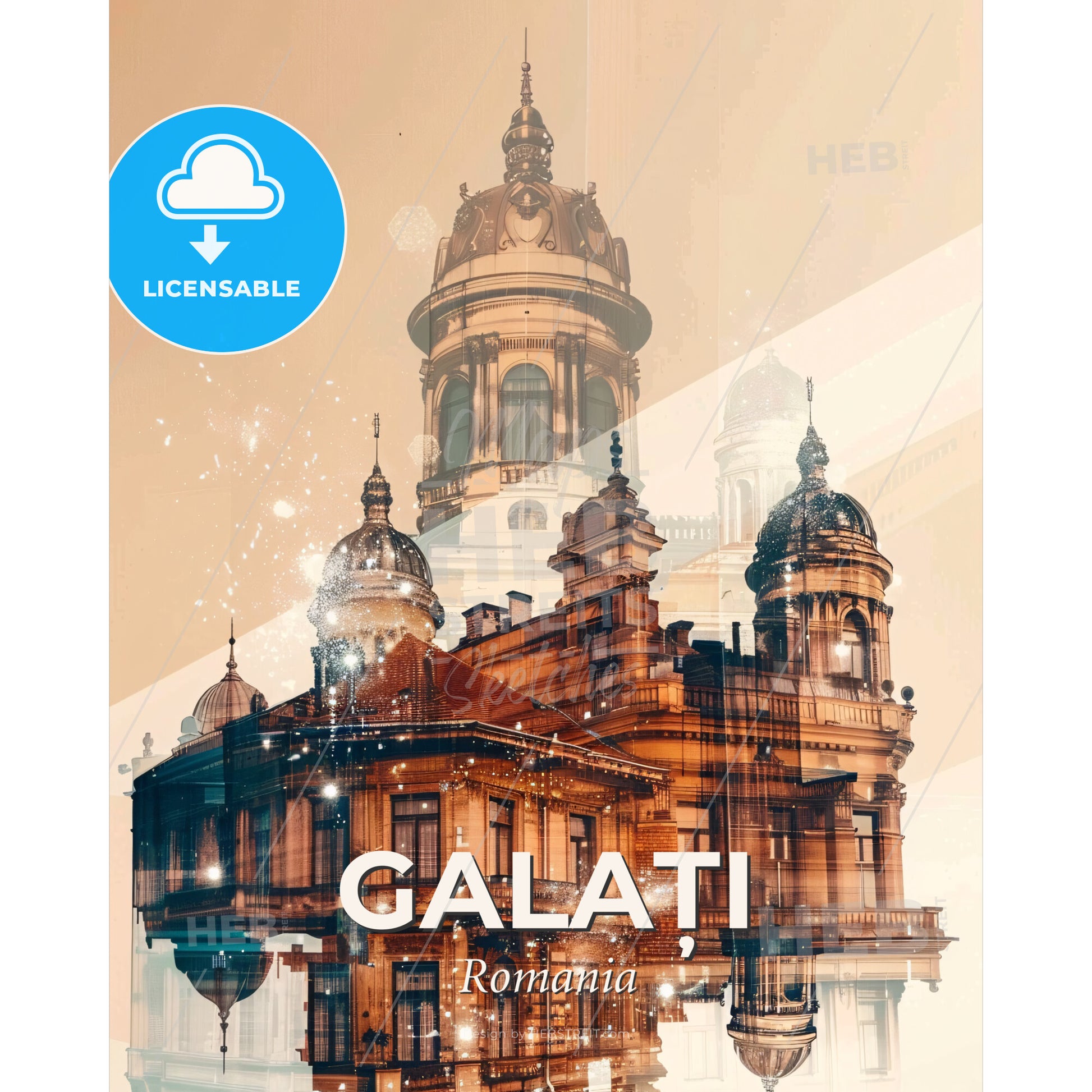 GalaÈ›i City Moodscape: Double Exposure Architecture - A building with a dome shaped roof - Square format print template