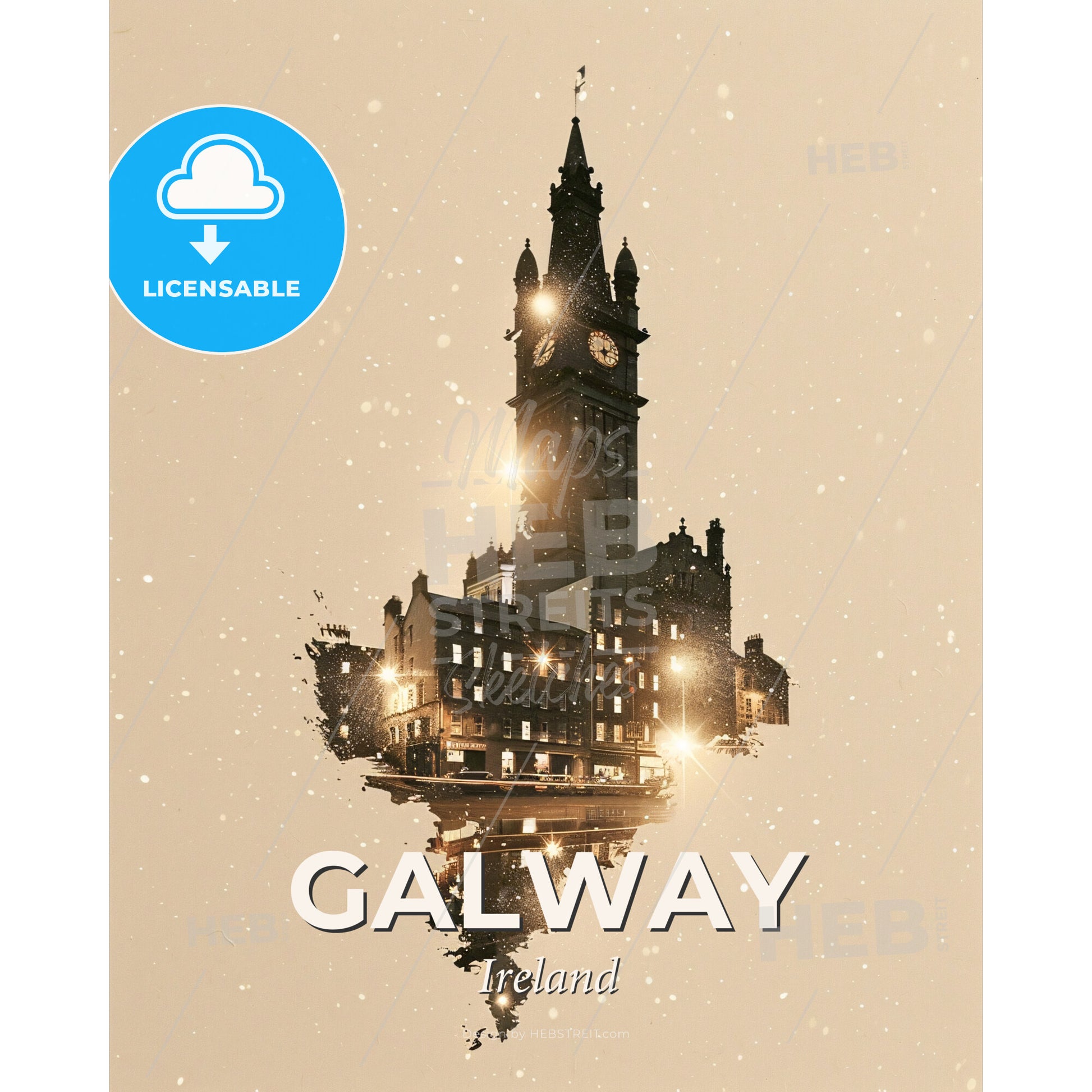 Galway City Skyline Art Print, Bright Beige Silhouette - A clock tower with a building in the background - Square format print template