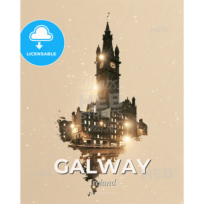 Galway City Skyline Art Print, Bright Beige Silhouette - A clock tower with a building in the background - Square format print template