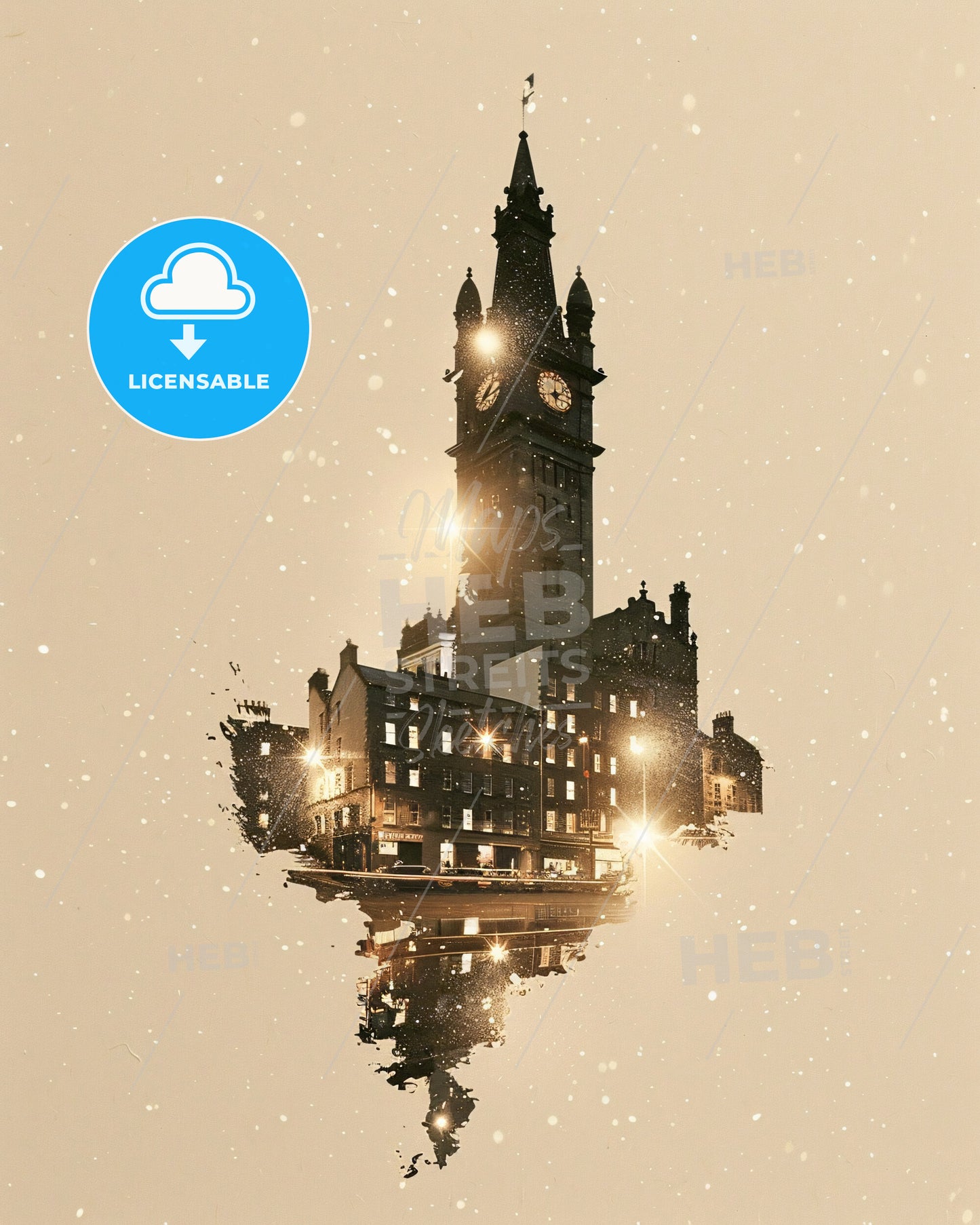 Galway City Skyline Art Print, Bright Beige Silhouette - A clock tower with a building in the background