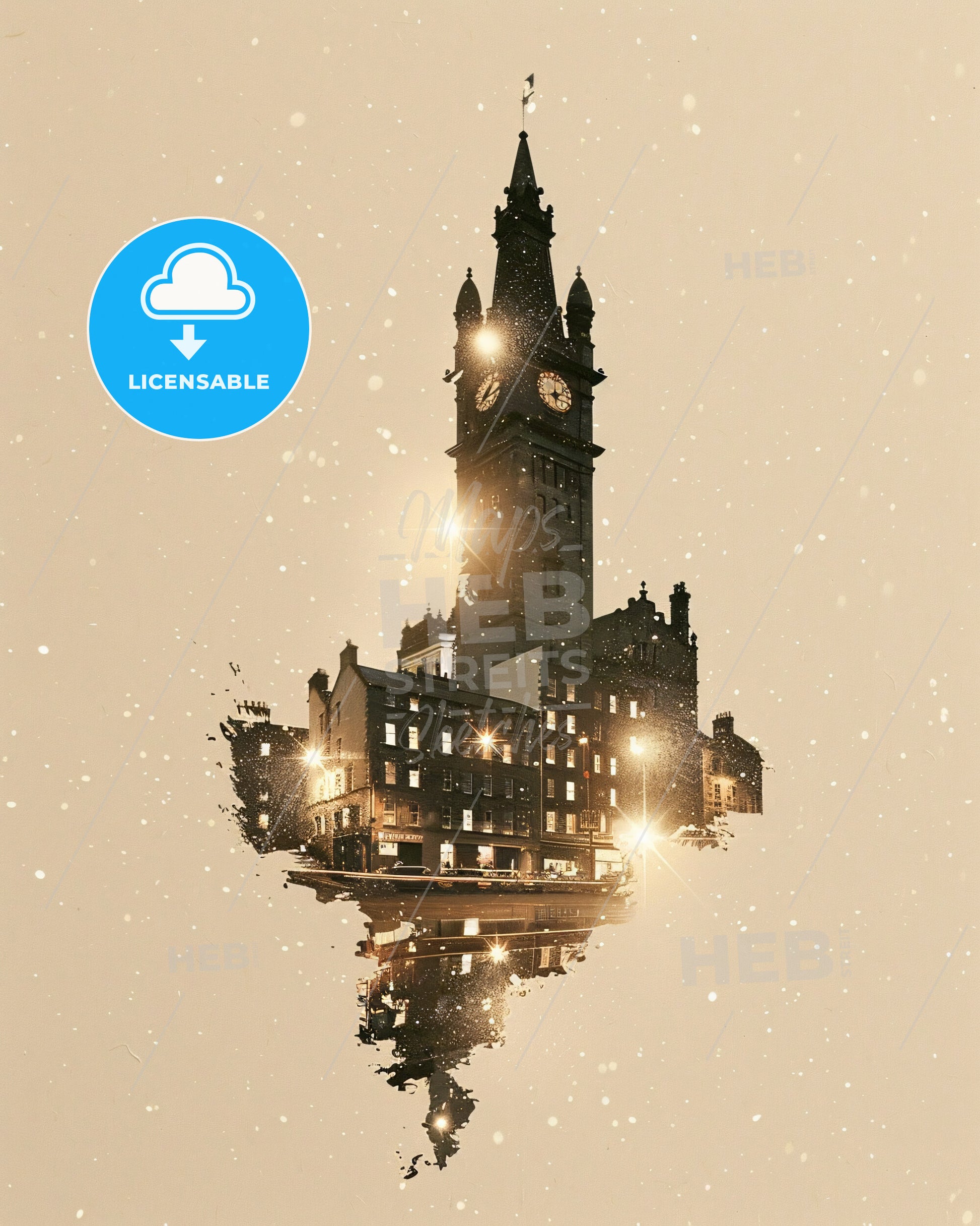 Galway City Skyline Art Print, Bright Beige Silhouette - A clock tower with a building in the background