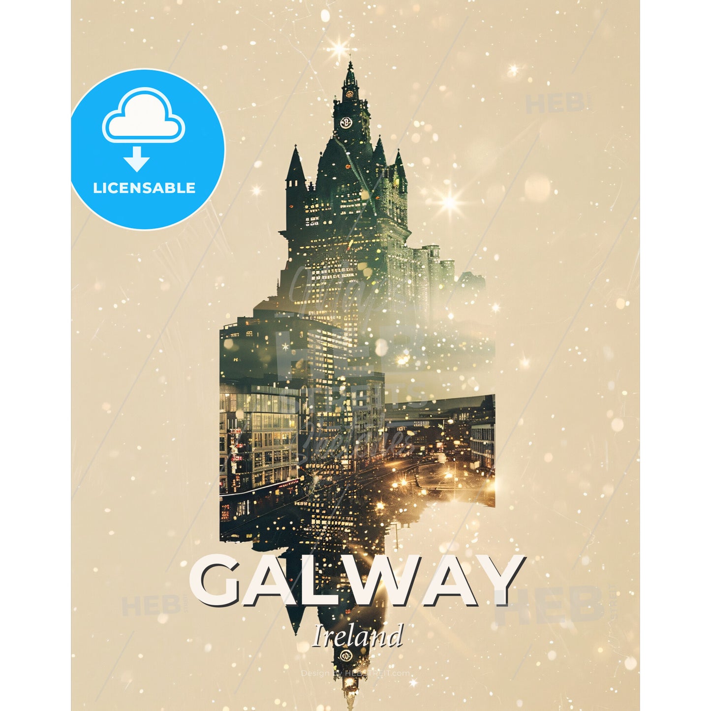 Galway Skyline Silhouette Composite Poster Art - A double exposure of a city - Square format print template