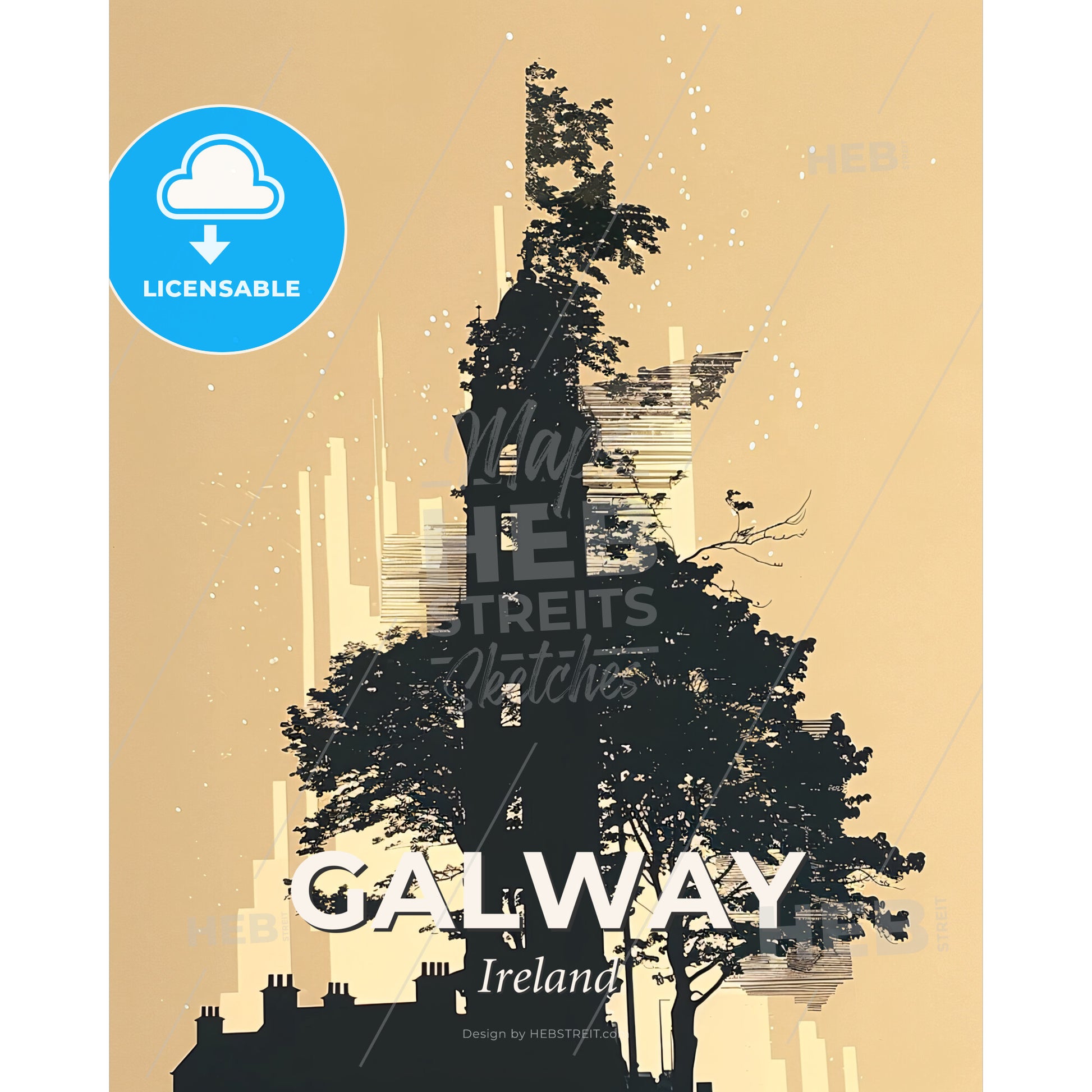 Galway Skyline Cityscape Beige Subtile Sparkle Art - A silhouette of a tower with a tree and a city skyline - Square format print template