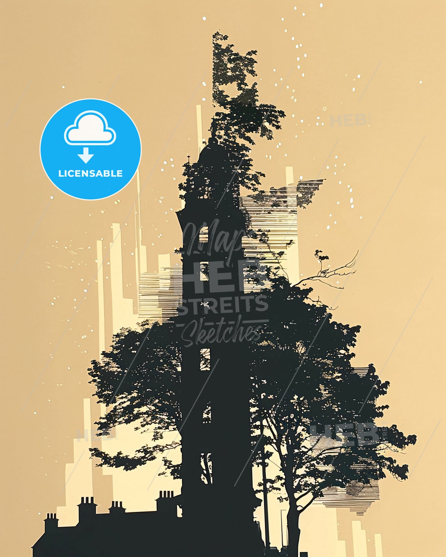 Galway Skyline Cityscape Beige Subtile Sparkle Art - A silhouette of a tower with a tree and a city skyline