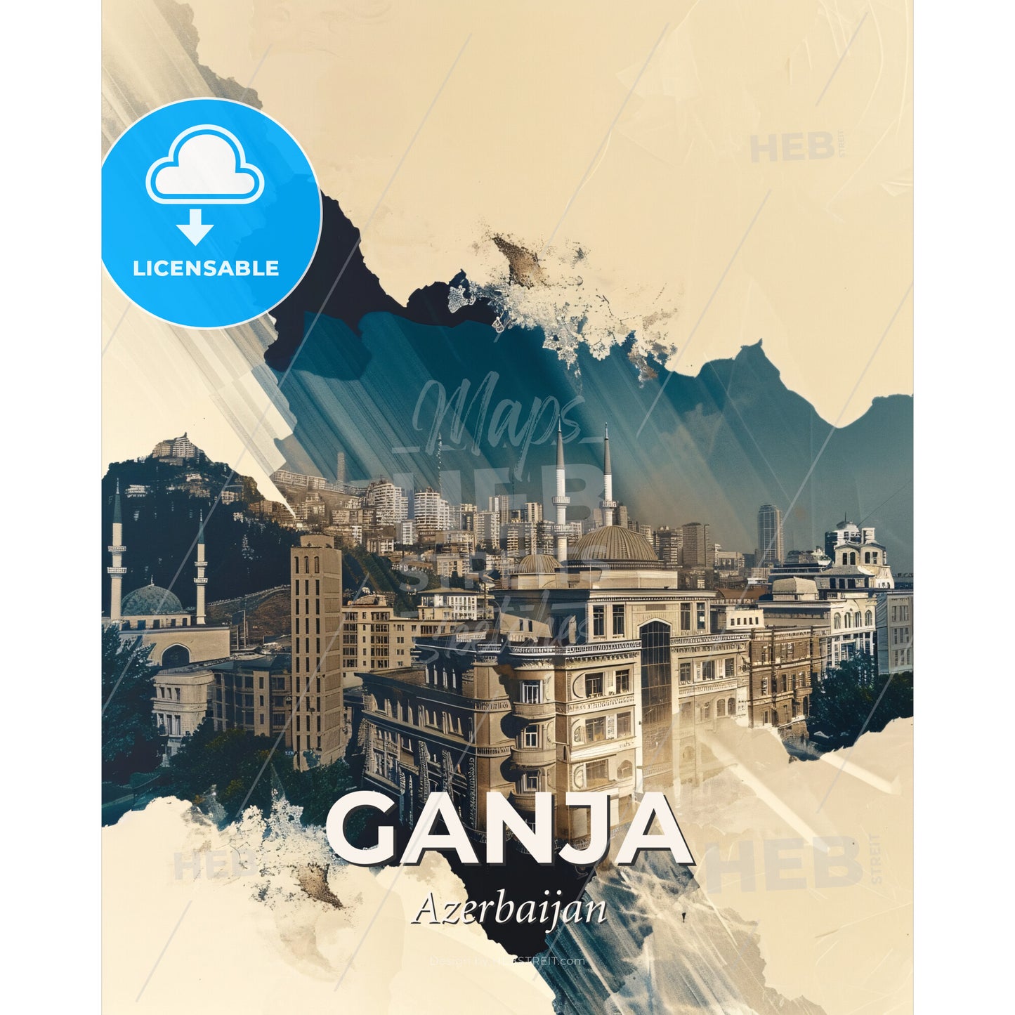 Ganja, Azerbaijan: City Skyline Composite Poster - A city with many buildings - Square format print template