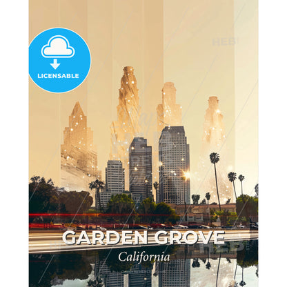 Garden Grove City Skyline Composite Art Poster - A city skyline with trees and cars - Square format print template