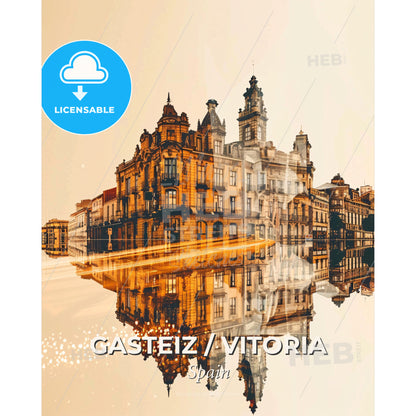 Gasteiz / Vitoria Skyline Tapestry Art Double Exposure - A reflection of a building in a puddle - Square format print template