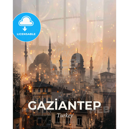Gaziantep Cityline and Local Icons Composite Poster - A city with many towers and a window - Square format print template