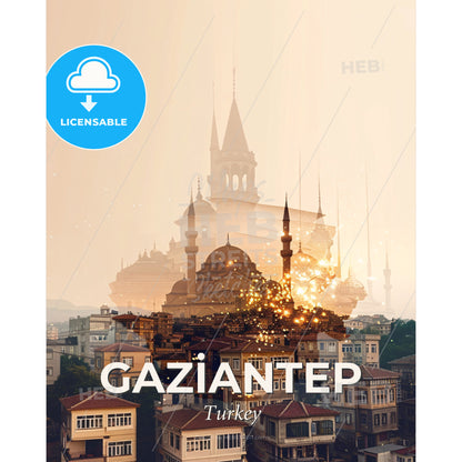 Gaziantep: Double Exposure Cityscape Skyline Poster - A city with many buildings - Square format print template