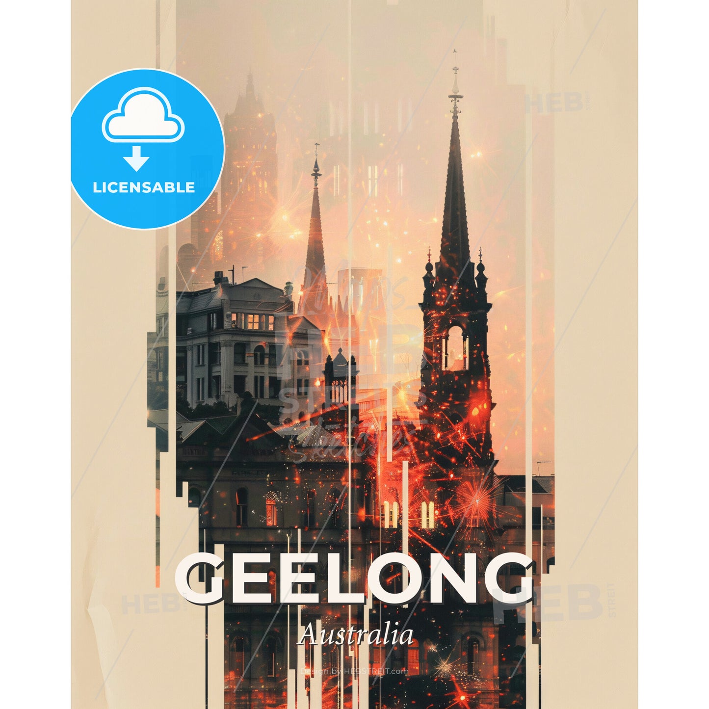 Geelong City Skyline Architecture Poster - A building with a spire and fireworks - Square format print template