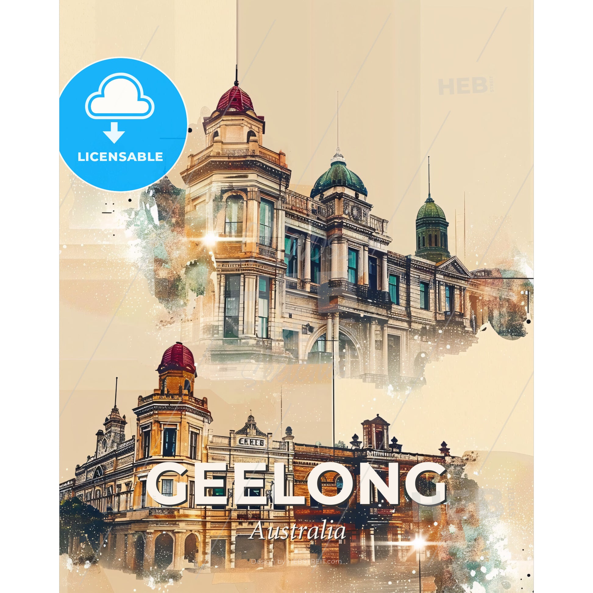 Geelong Australia Skyline Double Exposure Poster - A building with a red roof - Square format print template