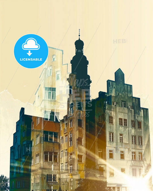 Gelsenkirchen, Germany City Skyline Double Exposure Poster - A building with a tower