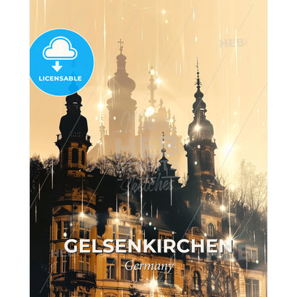 Gelsenkirchen City Silhouette Composite Art Poster - A building with towers and trees in the background - Square format print template