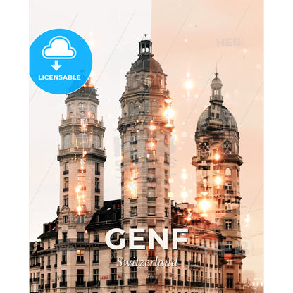 Geneva Skyline Night Dreamscape - A double exposure of a building - Square format print template