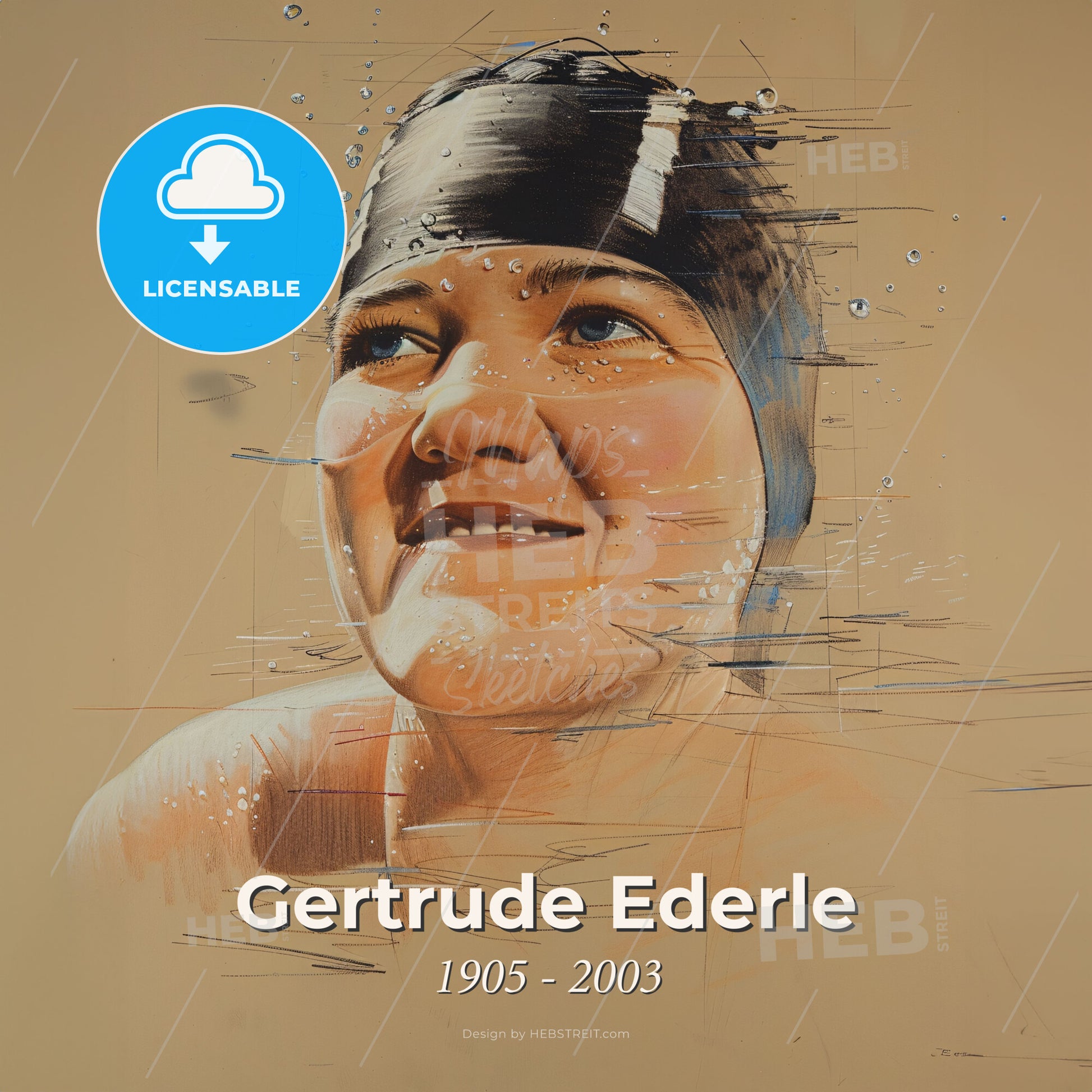 Gertrude Ederle, 1905 - 2003, American swimmer - A Woman In A Swim Cap Print Template