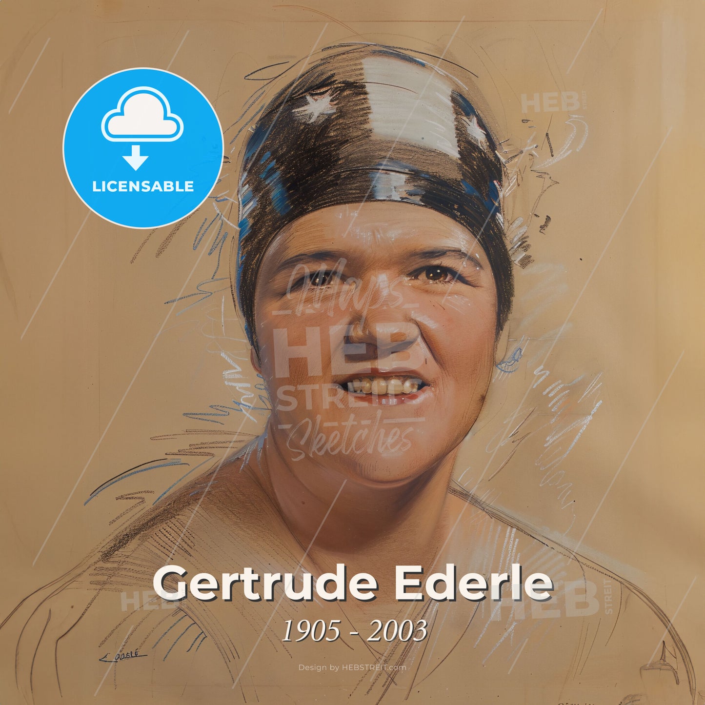 Gertrude Ederle, 1905 - 2003, American swimmer - A Drawing Of A Woman Print Template