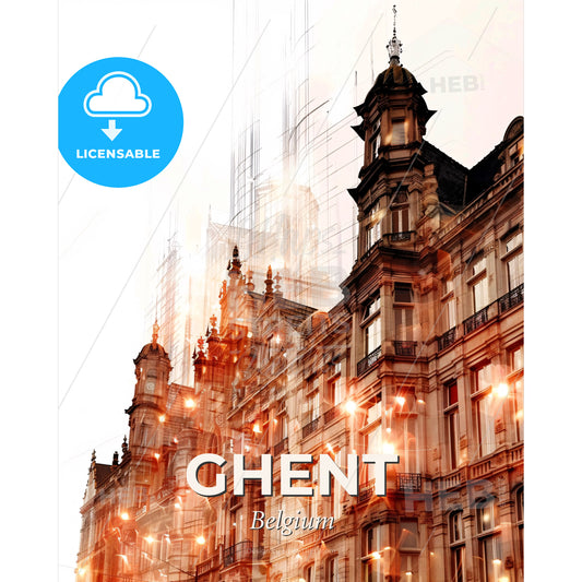 Ghent Skyline Double Exposure Art Poster - A building with many windows - Square format print template