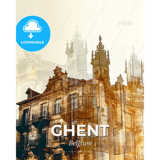 Ghent Skyline Double Exposure Art Poster - A building with many towers - Square format print template