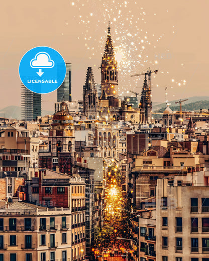 Girona Skyline Cityscape Local Icons Bright Mood Poster - A city with many buildings and a tower