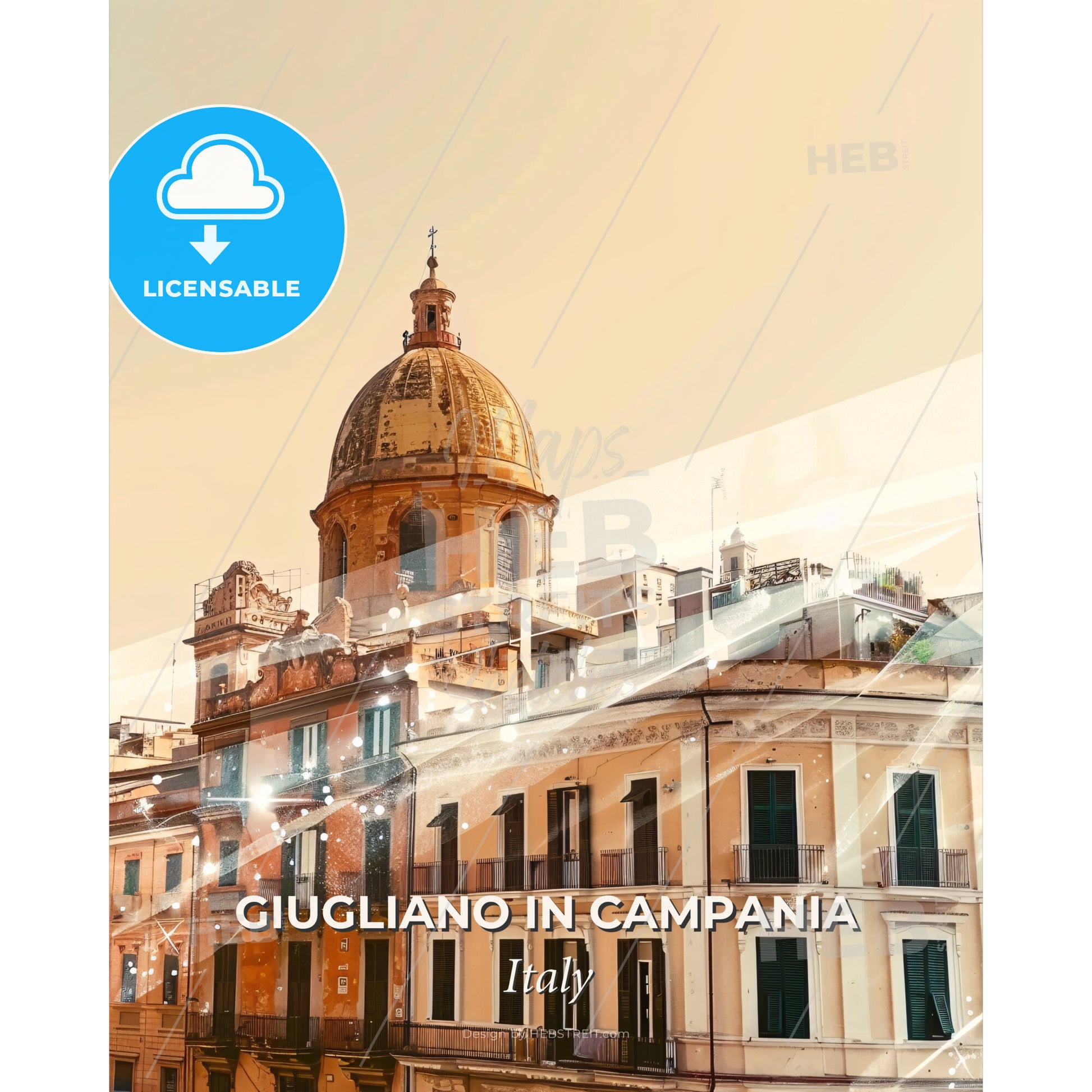 Giugliano in Campania Skyline Poster: Beige Tones, Sparkles - A building with a dome on top - Square format print template