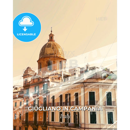 Giugliano in Campania Skyline Poster: Beige Tones, Sparkles - A building with a dome on top - Square format print template