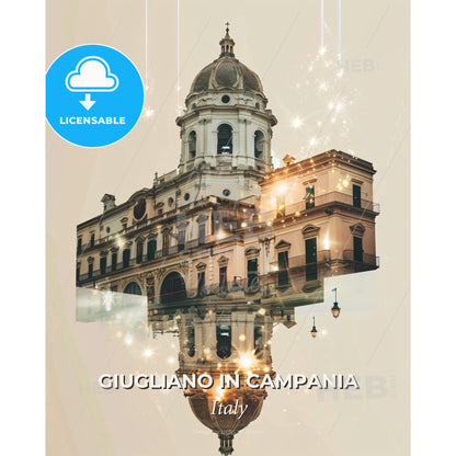 Giugliano in Campania, Skyline Double Exposure Collage - A building with a dome roof and a tower - Square format print template