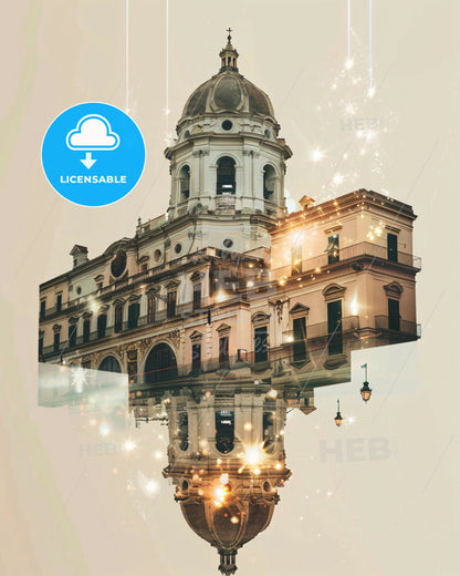 Giugliano in Campania, Skyline Double Exposure Collage - A building with a dome roof and a tower