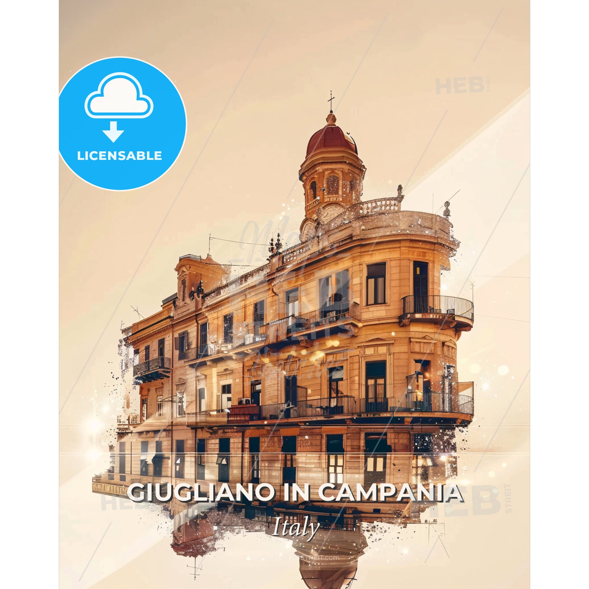 Giugliano in Campania Italy Cityscape Horizon Poster - A building with a tower and a reflection of water - Square format print template