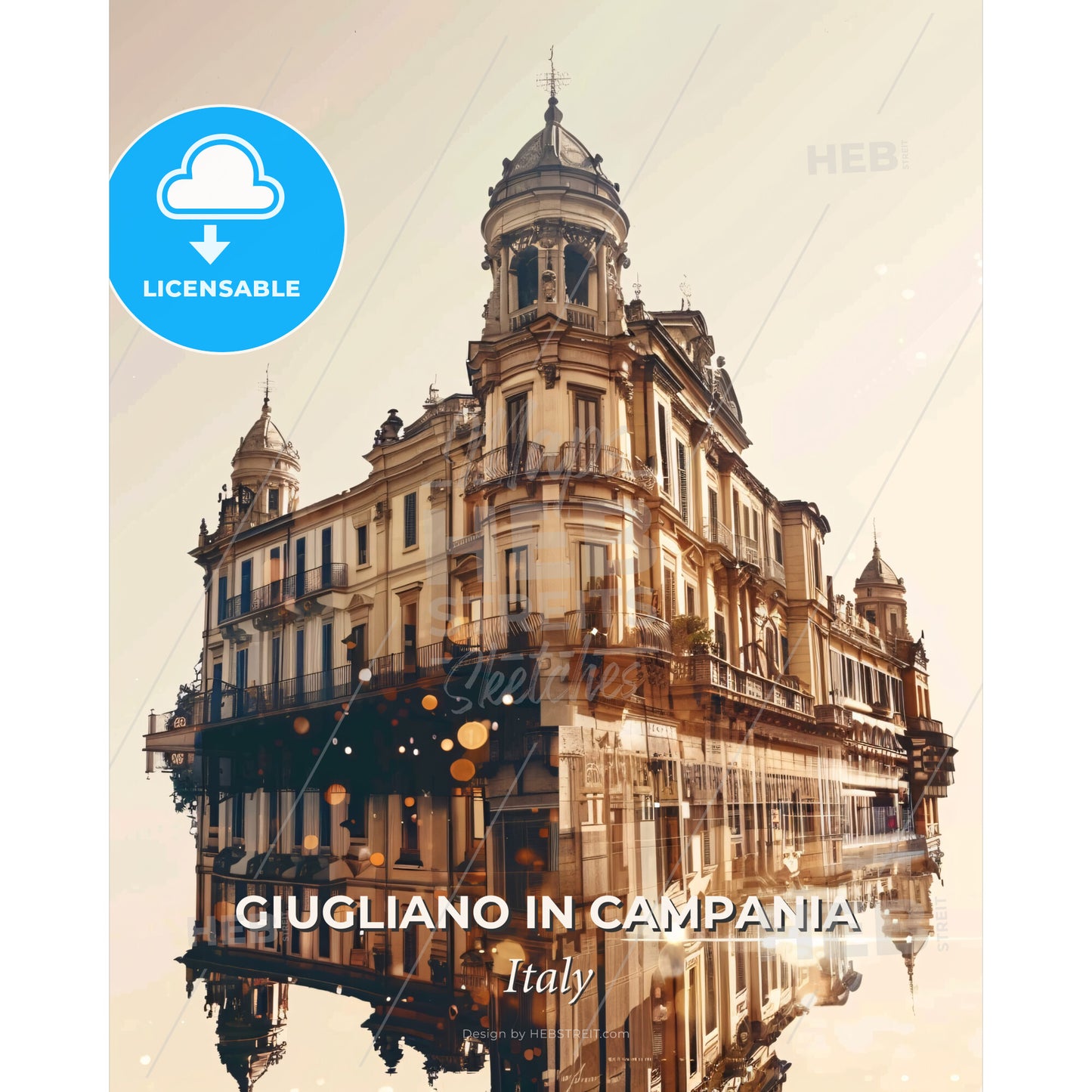 Giugliano in Campania City Skyline Poster - A building with a tower and a tower on the side - Square format print template