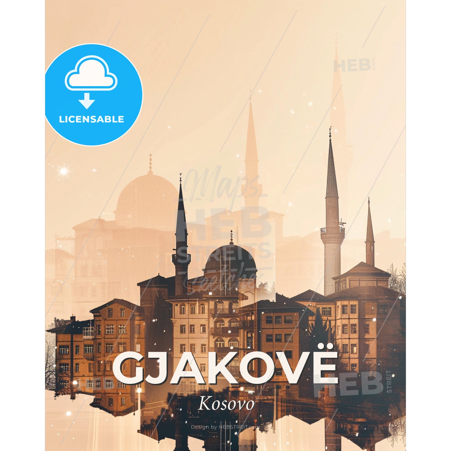 Gjakove / Đakovica, Kosovo skyline at night poster - A group of buildings with towers and towers - Square format print template