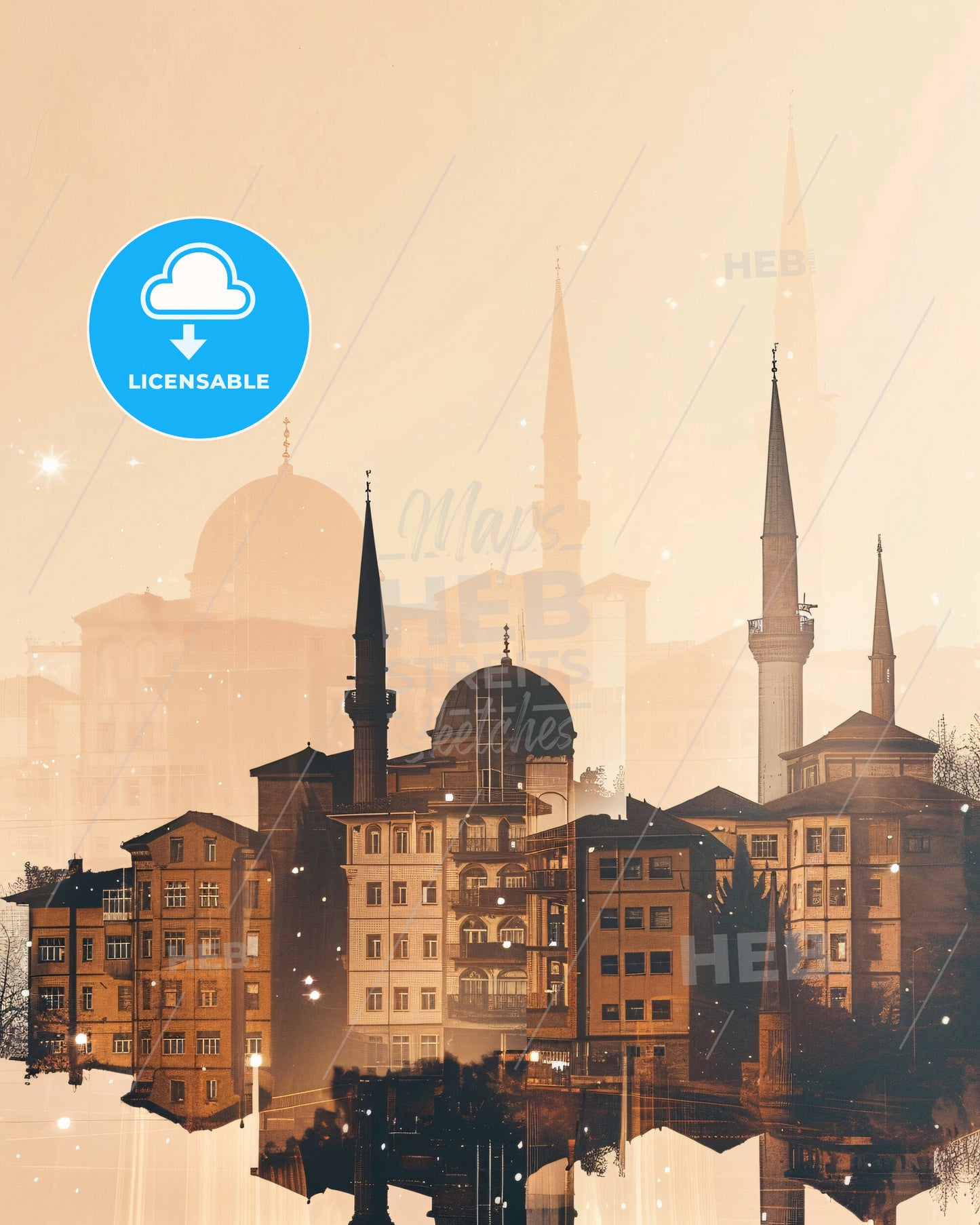 Gjakove / Đakovica, Kosovo skyline at night poster - A group of buildings with towers and towers