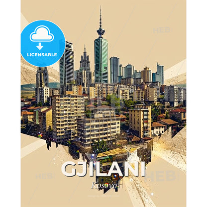 Gnjilane Kosovo - City Skyline Poster With Beige Background - A city with many tall buildings - Square format print template
