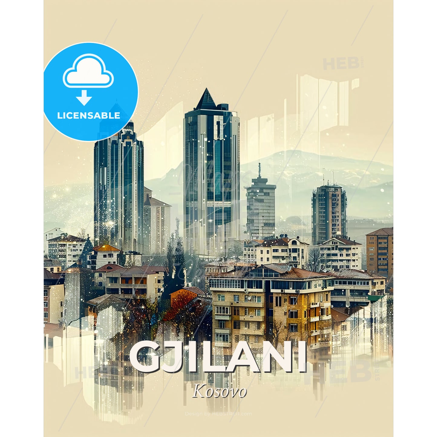 Gniljane Poster Bright Cityscape Skyline Minimalistic - A city skyline with many tall buildings - Square format print template