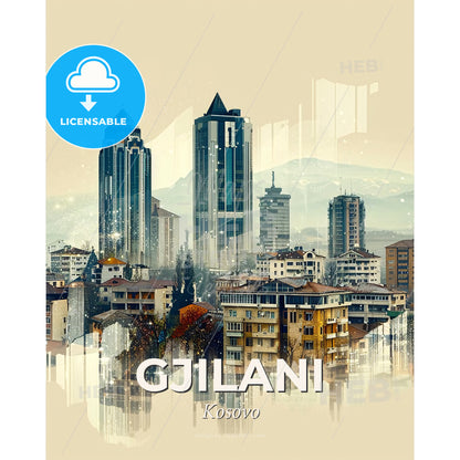 Gniljane Poster Bright Cityscape Skyline Minimalistic - A city skyline with many tall buildings - Square format print template