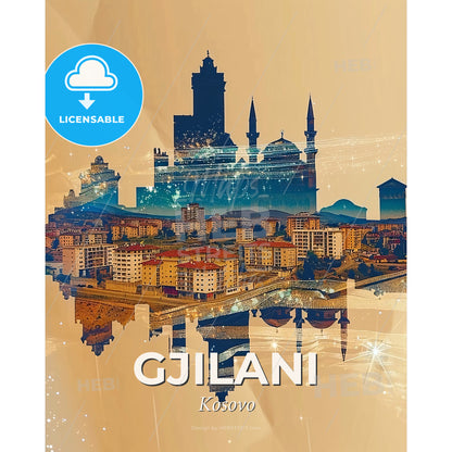 Gnjilane Skyline Double Exposure Bright Paper Sparks - A city with buildings and a reflection of it - Square format print template