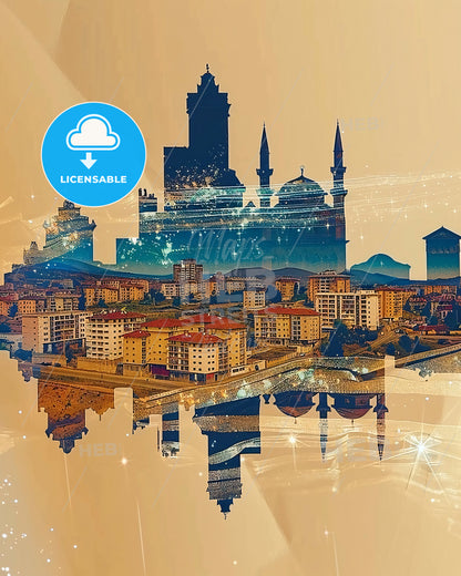 Gnjilane Skyline Double Exposure Bright Paper Sparks - A city with buildings and a reflection of it