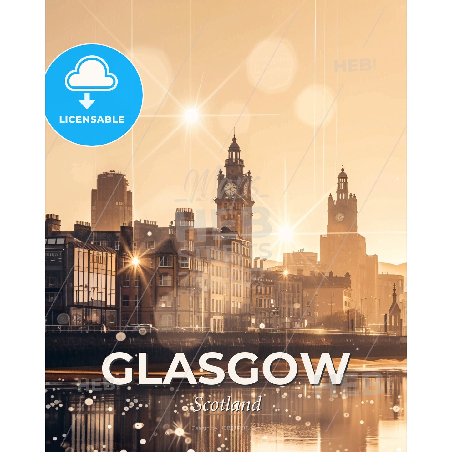 Glasgow Skyline Composite Art Poster - A city with a clock tower and a body of water - Square format print template