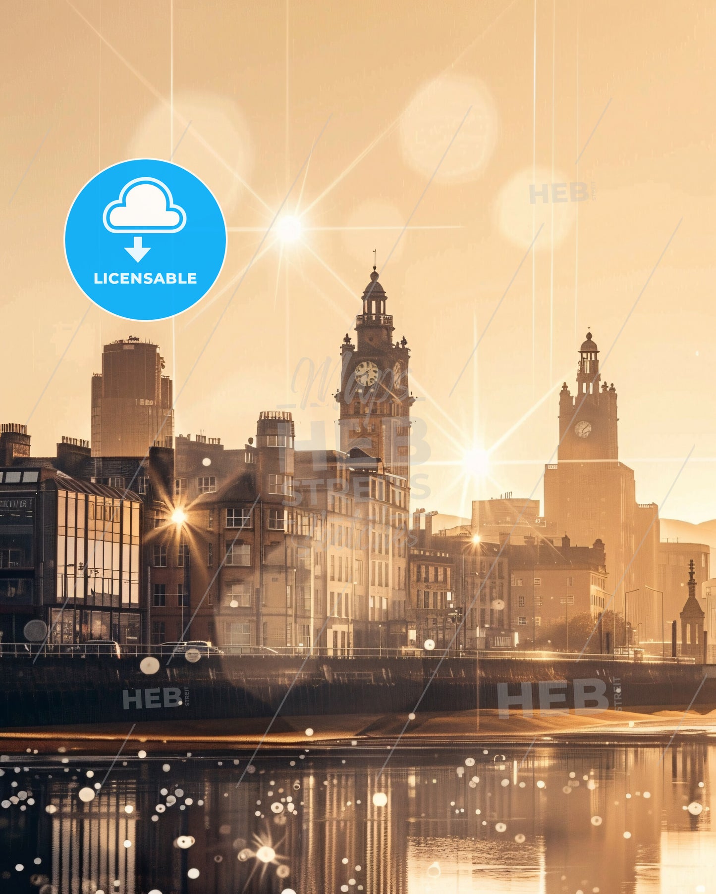 Glasgow Skyline Composite Art Poster - A city with a clock tower and a body of water