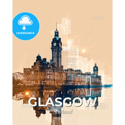Glasgow Skyline Double Exposure Poster Art - A city with a clock tower and a river - Square format print template